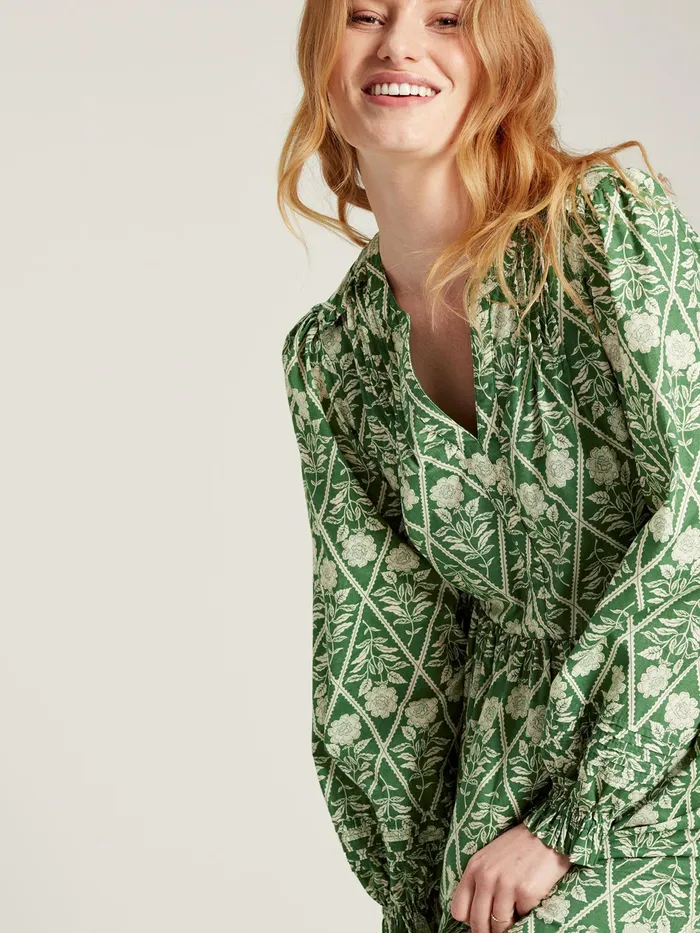Joules Heather 8211 Green Floral Pleated Dress Women Dresses