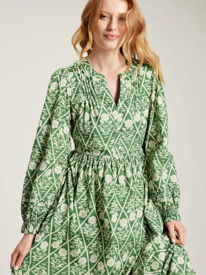 Joules Heather 8211 Green Floral Pleated Dress Women Dresses