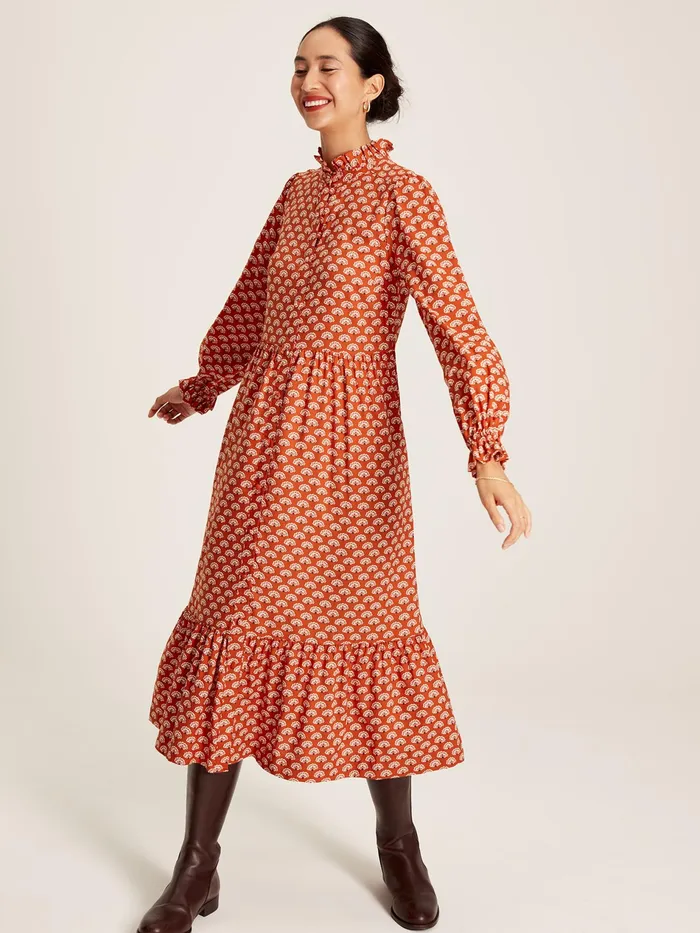 Joules Josie 8211 Burnt Orange Midi Tier Dress With Frill Neck Women Dresses