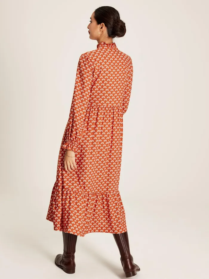 Joules Josie 8211 Burnt Orange Midi Tier Dress With Frill Neck Women Dresses