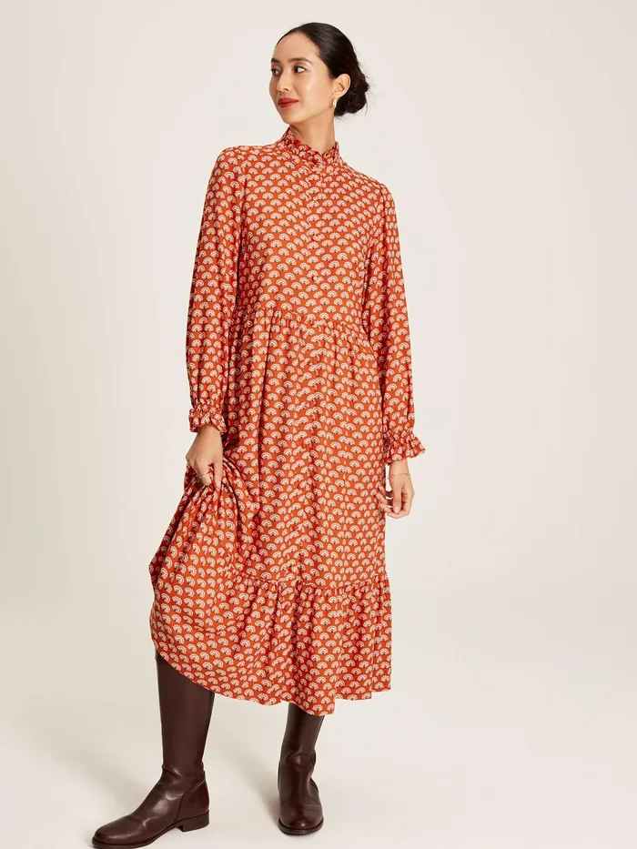 Joules Josie 8211 Burnt Orange Midi Tier Dress With Frill Neck Women Dresses
