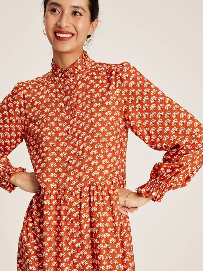 Joules Josie 8211 Burnt Orange Midi Tier Dress With Frill Neck Women Dresses