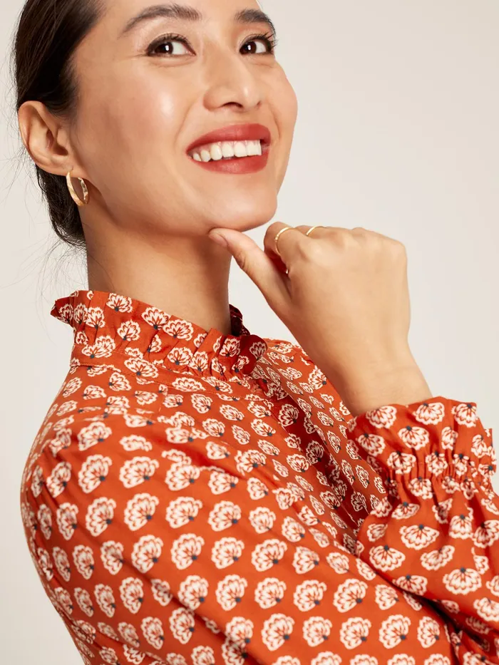 Joules Josie 8211 Burnt Orange Midi Tier Dress With Frill Neck Women Dresses