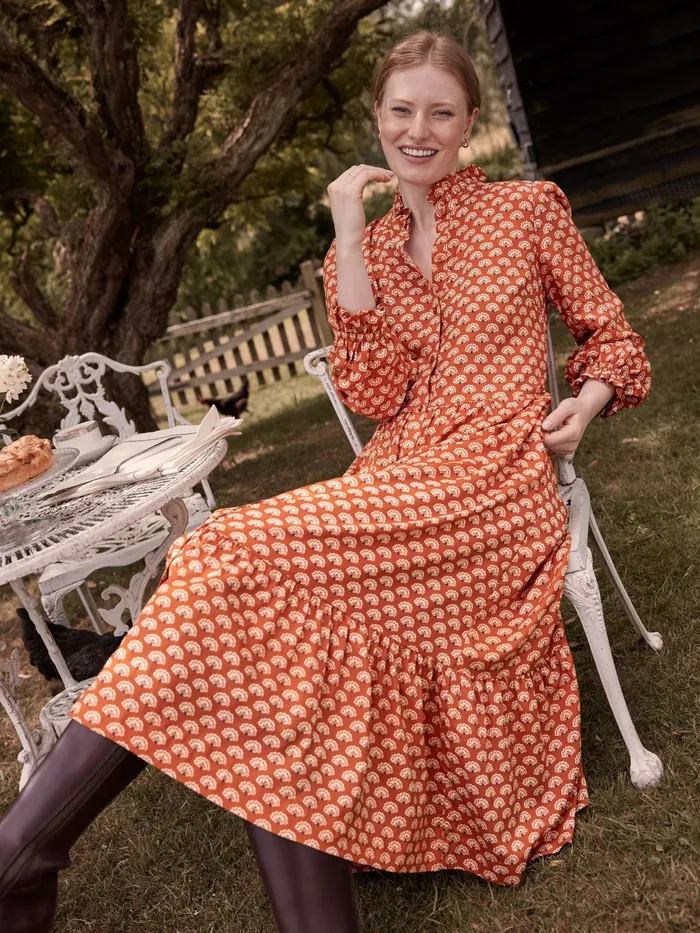 Joules Josie 8211 Burnt Orange Midi Tier Dress With Frill Neck Women Dresses