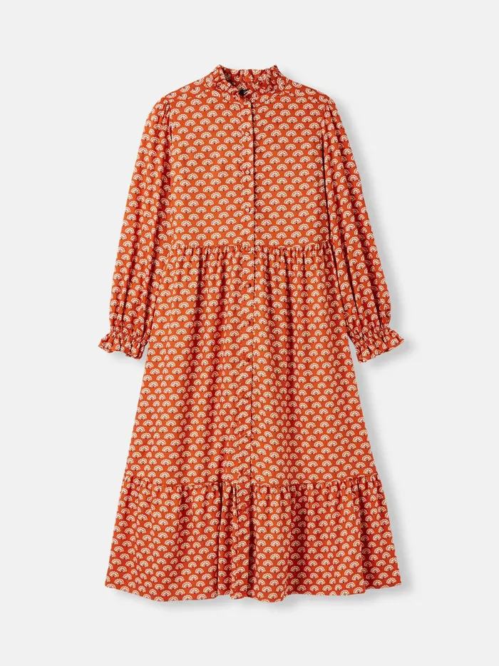 Joules Josie 8211 Burnt Orange Midi Tier Dress With Frill Neck Women Dresses