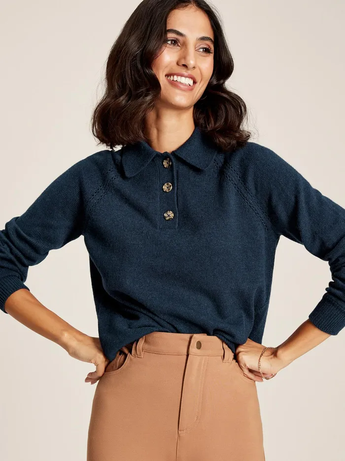 Joules Mia 8211 Navy Blue Collared Pointelle Jumper Women Knitwear