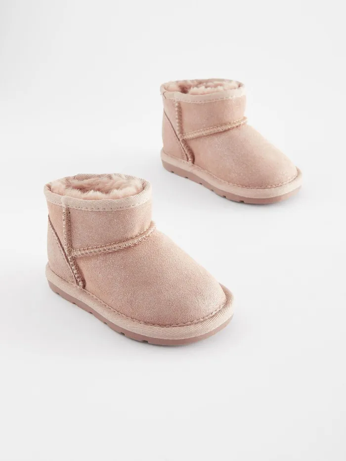 Joules Next Pink Shimmer Suede Faux Fur Lined Water Repellent PullOn Suede Boots Girls Boots