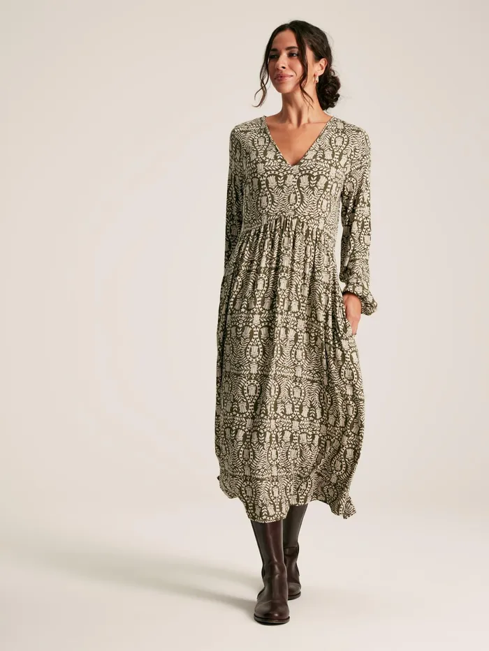 Joules Nia 8211 Khaki Green Long Sleeve Printed Dress Women Dresses
