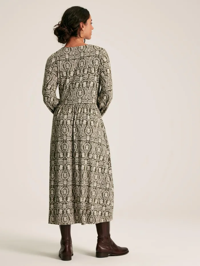 Joules Nia 8211 Khaki Green Long Sleeve Printed Dress Women Dresses