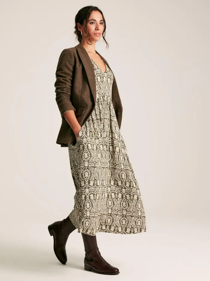 Joules Nia 8211 Khaki Green Long Sleeve Printed Dress Women Dresses
