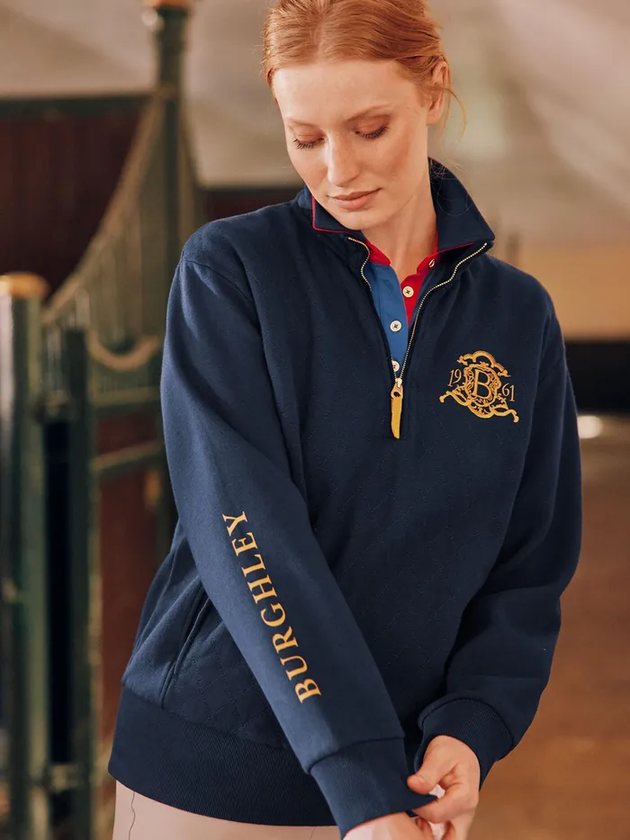 Joules Official Burghley 8211 Blue Quarter Zip Quilted Sweatshirt Women Sweatshirts and Hoodies