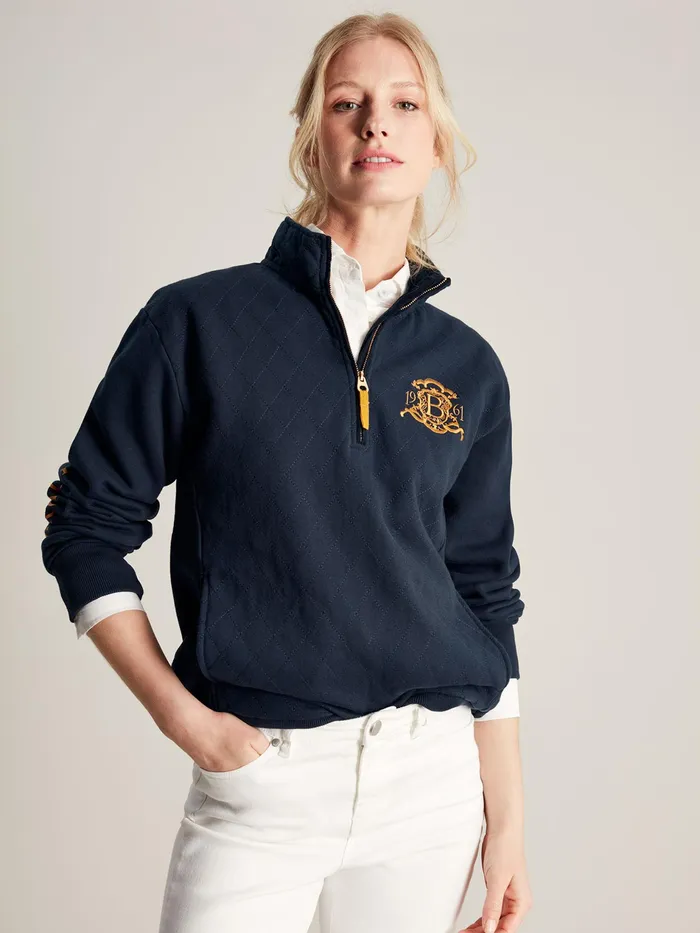 Joules Official Burghley 8211 Blue Quarter Zip Quilted Sweatshirt Women Sweatshirts and Hoodies
