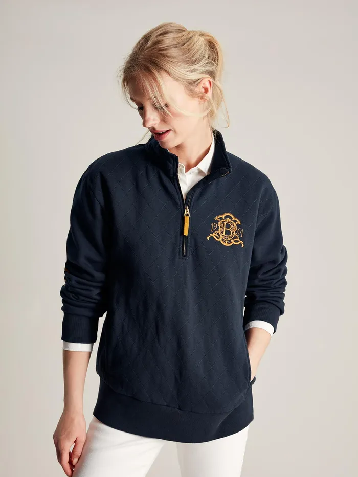Joules Official Burghley 8211 Blue Quarter Zip Quilted Sweatshirt Women Sweatshirts and Hoodies