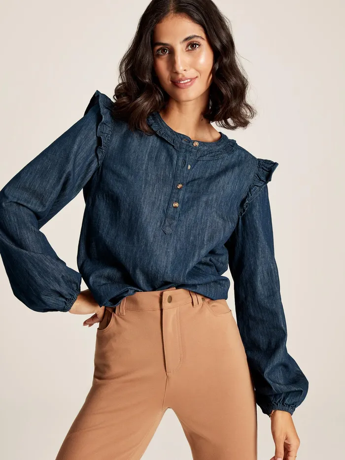 Joules Remi 8211 Blue Frill Shoulder Chambray Blouse Women Shirts and Blouses