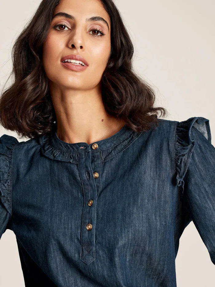 Joules Remi 8211 Blue Frill Shoulder Chambray Blouse Women Shirts and Blouses