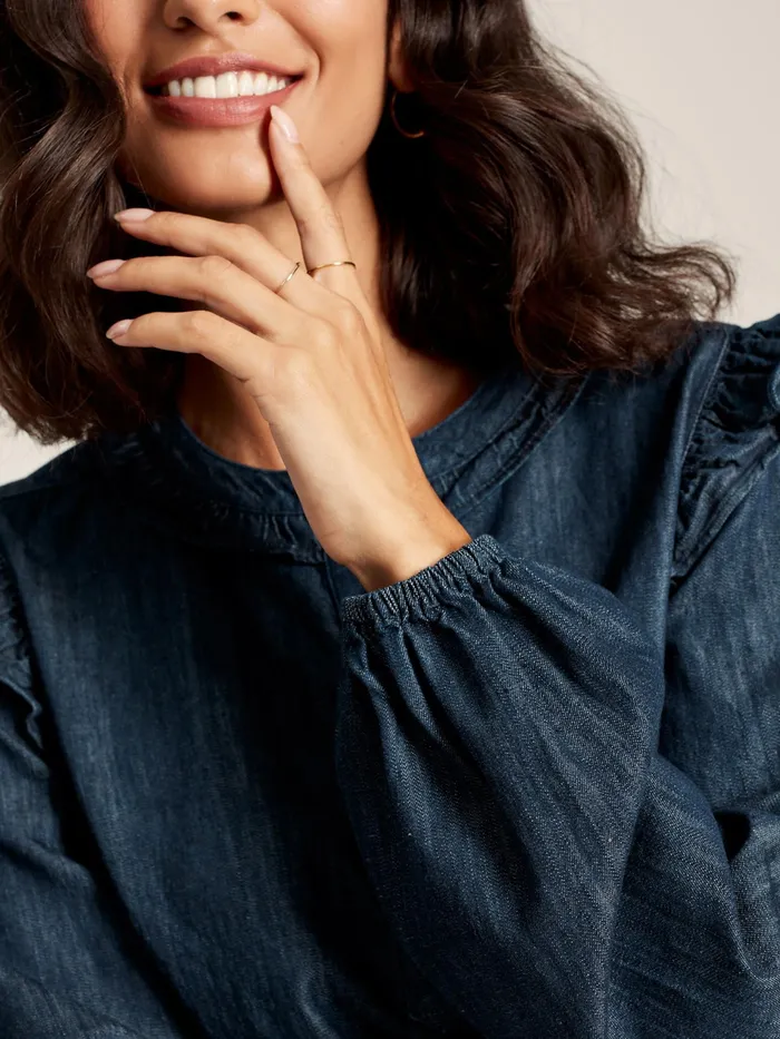 Joules Remi 8211 Blue Frill Shoulder Chambray Blouse Women Shirts and Blouses