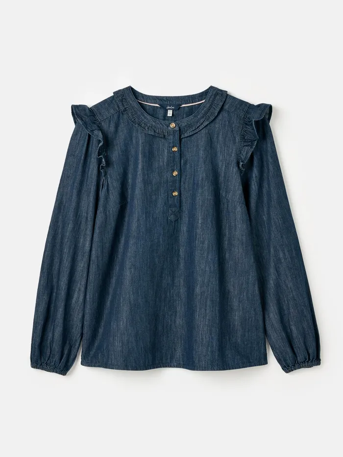 Joules Remi 8211 Blue Frill Shoulder Chambray Blouse Women Shirts and Blouses