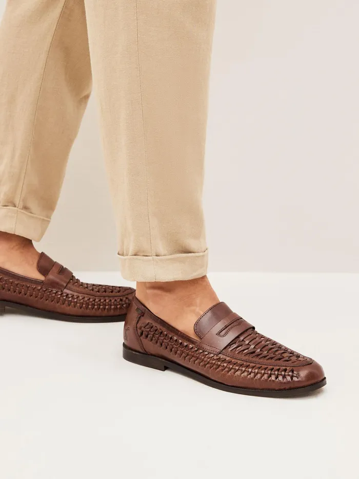 Joules Tan Brown Leather Weave Loafers Men Shoes