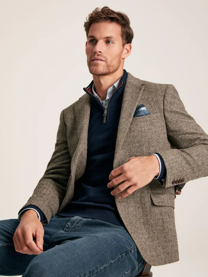 Joules Taupe Brown Wool Herringbone Blazer Men Coats and Jackets