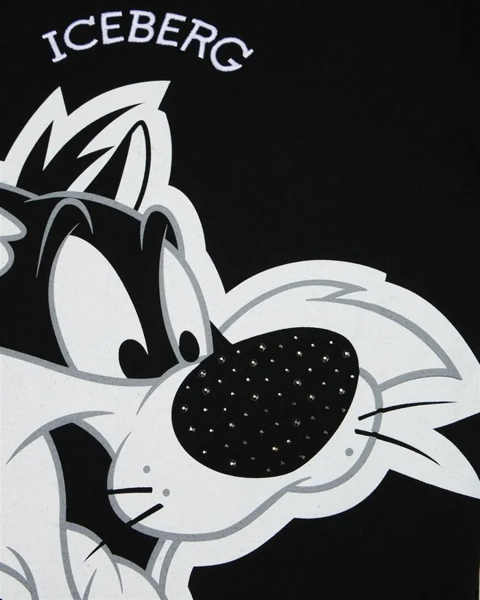 Kids GIRL FW24 Iceberg Black Crew Neck Short Sleeve Tshirt With Sylvester The Cat And Iceberg Logo