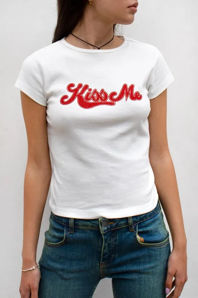 Kiss Me TShirt With Strass Women Subdued Graphics