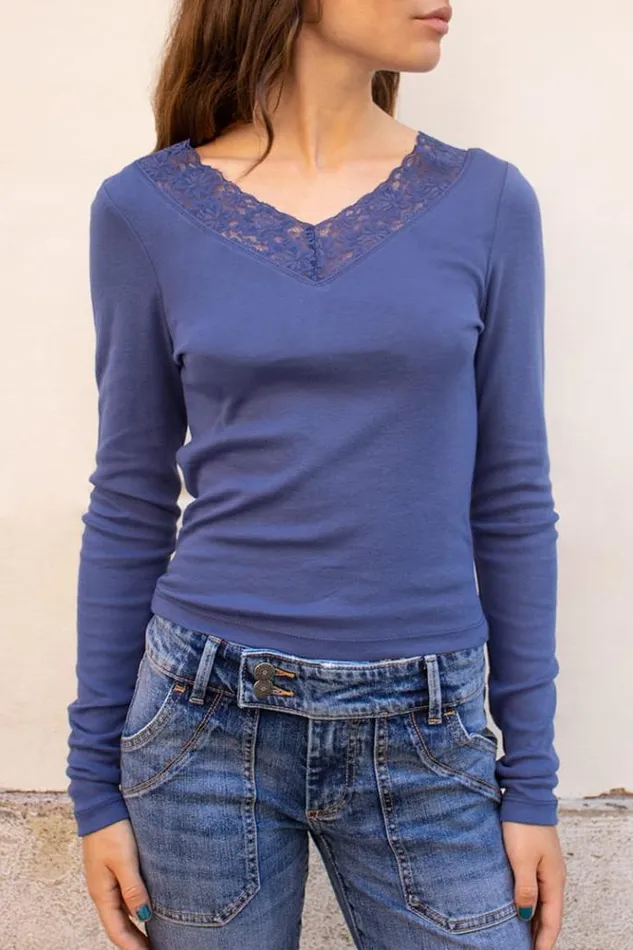 Lace VNeck TShirt Women Subdued Tees