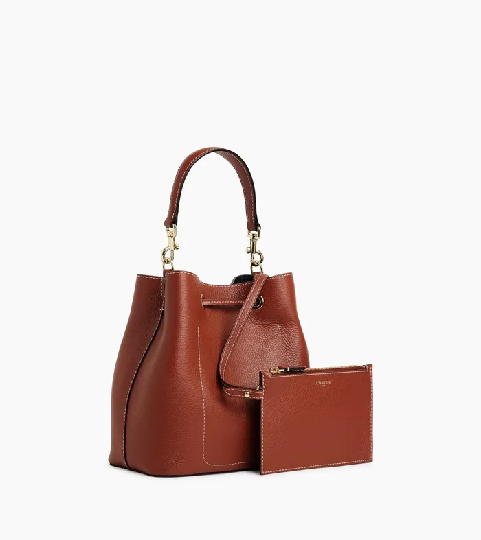Le Tanneur Crossbody Bags Women Bucket Bag In Grained Leather Mahogany Brown Twilight Blue