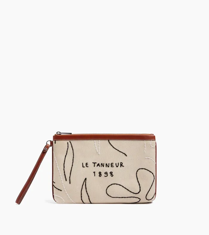 Le Tanneur Pouches and Belt Bags Women Zippered Clutch Bag In SemiLeather And Cotton Canvas White Chalk Brown Tan