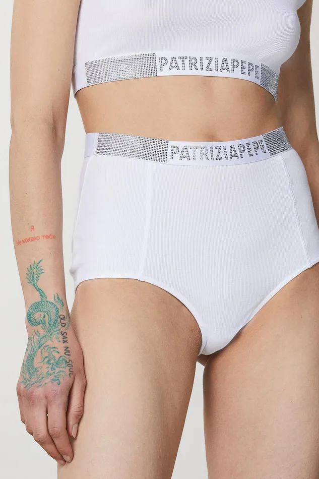 Lingerie Women Patrizia Pepe HighWaisted Briefs With Rhinestones Bianco