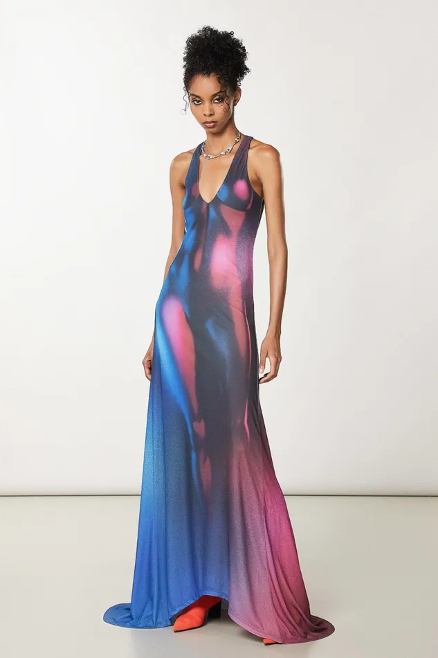 Long Women Patrizia Pepe Stretch Tulle Long Dress Naked Body Print