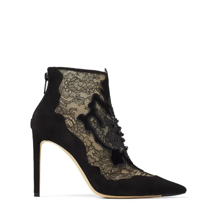 Lorre 100 Black Suede And Lace Ankle Boots With Floral Embellishment Black Women JIMMY CHOO Boots