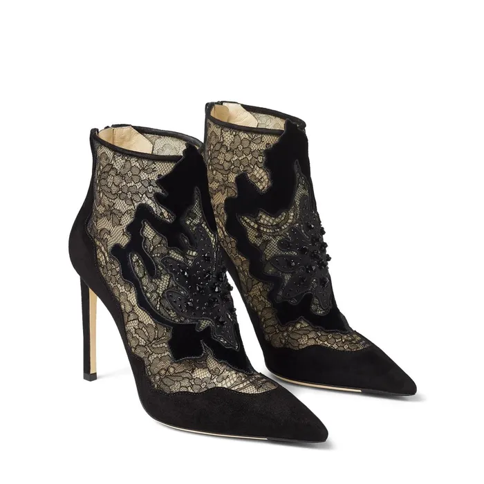 Lorre 100 Black Suede And Lace Ankle Boots With Floral Embellishment Black Women JIMMY CHOO Boots