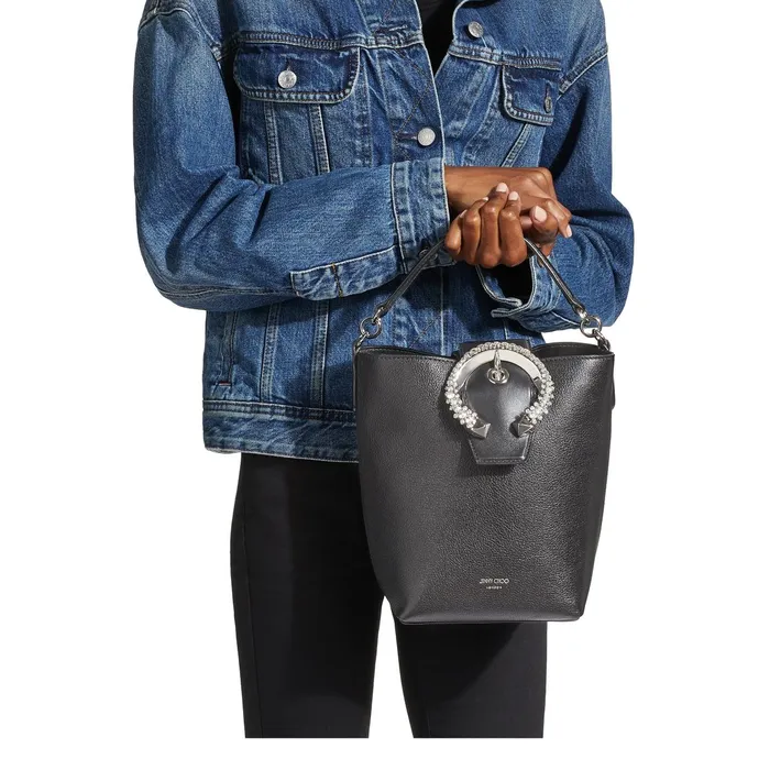 Madeline Bucket Black Goat Calf Leather Bucket Bag With Crystal Buckle Black Women JIMMY CHOO Bucket Bags