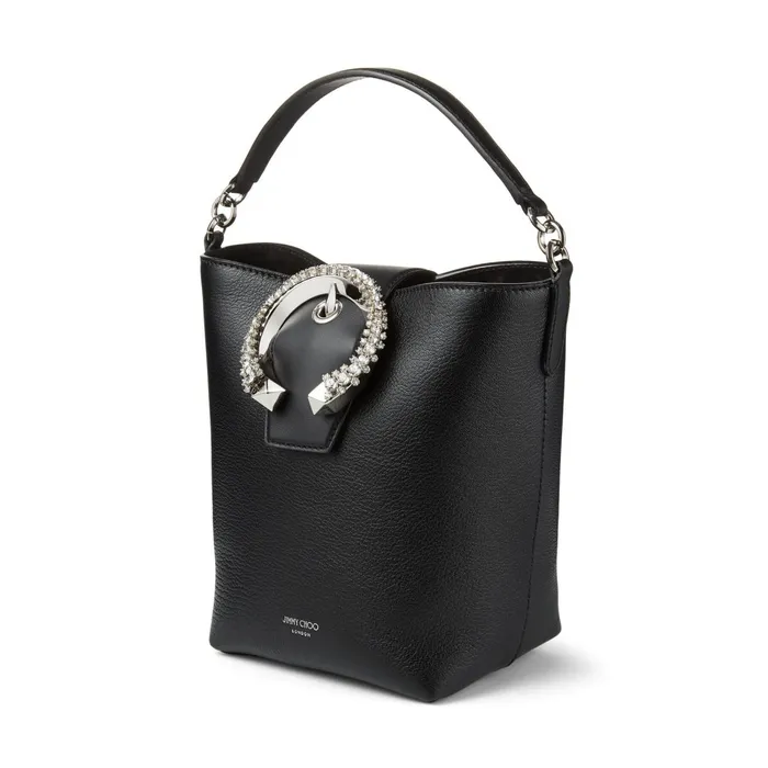 Madeline Bucket Black Goat Calf Leather Bucket Bag With Crystal Buckle Black Women JIMMY CHOO Bucket Bags