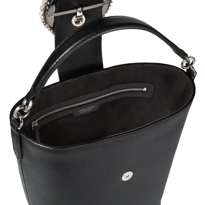 Madeline Bucket Black Goat Calf Leather Bucket Bag With Crystal Buckle Black Women JIMMY CHOO Bucket Bags