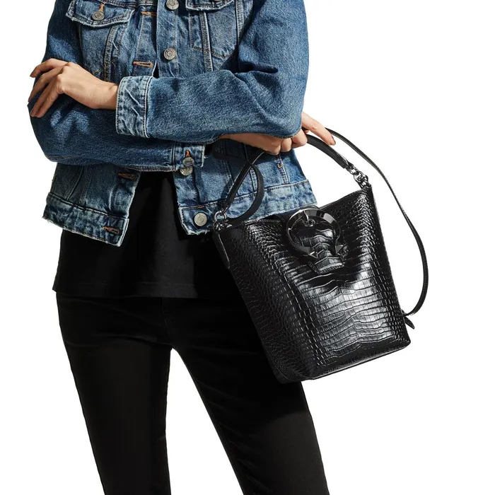 Madeline Bucket Black Shiny CrocEmbossed Leather Bucket Handbag With Metal Buckle Black Women JIMMY CHOO Bucket Bags