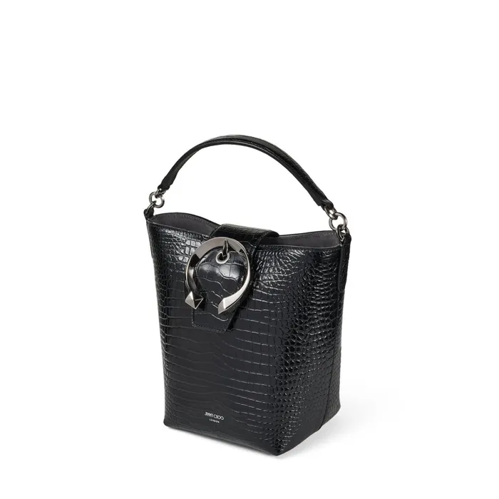 Madeline Bucket Black Shiny CrocEmbossed Leather Bucket Handbag With Metal Buckle Black Women JIMMY CHOO Bucket Bags
