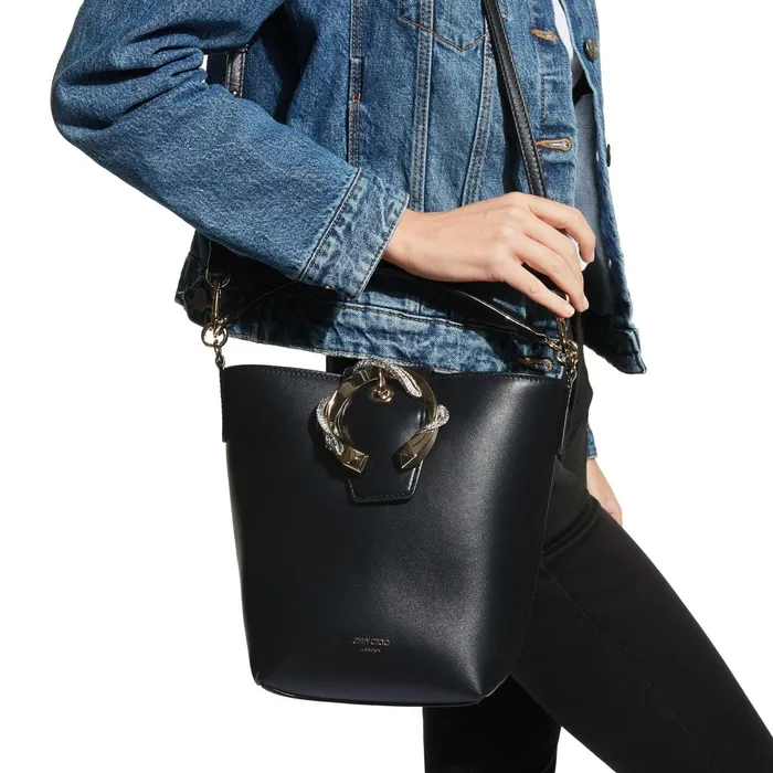 Madeline Bucket Black Smooth Calf Leather Bucket Bag With Snake Buckle Black Women JIMMY CHOO Bucket Bags