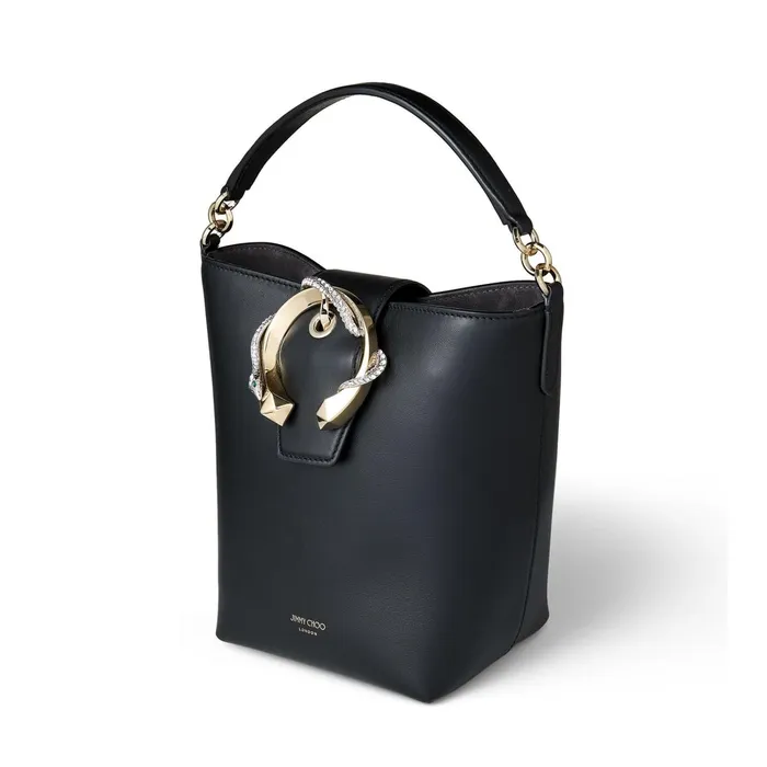 Madeline Bucket Black Smooth Calf Leather Bucket Bag With Snake Buckle Black Women JIMMY CHOO Bucket Bags