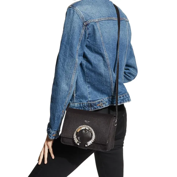 Madeline Shoulder Bag Black Calf Leather Shoulder Bag With Crystal Buckle Black Women JIMMY CHOO Crossbody Bags