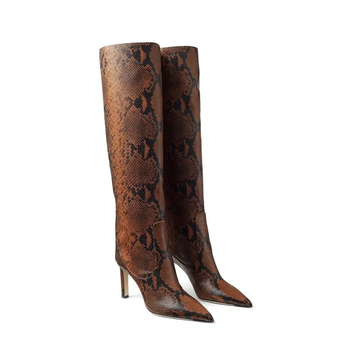Mavis 85 Cuoio Snake Printed Leather Pointed Toe Knee Boots Cuoio Women JIMMY CHOO Boots
