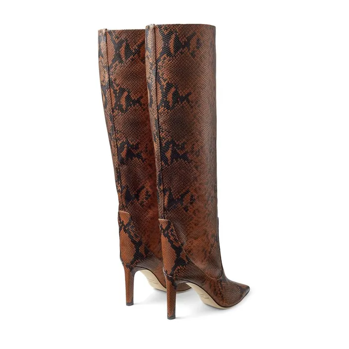 Mavis 85 Cuoio Snake Printed Leather Pointed Toe Knee Boots Cuoio Women JIMMY CHOO Boots