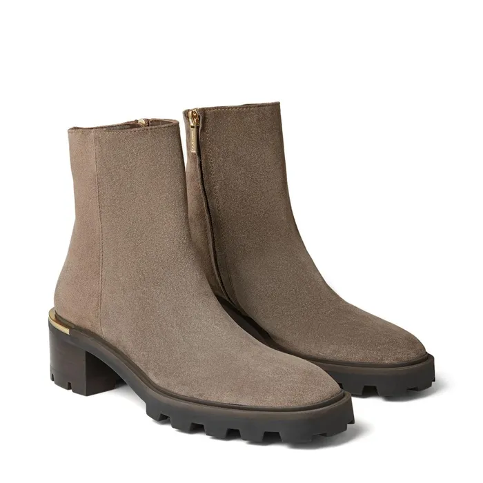 Melodie 35 Mink Velvet Suede Block Heel Boots With Mirrored Trim Mink Women JIMMY CHOO Boots