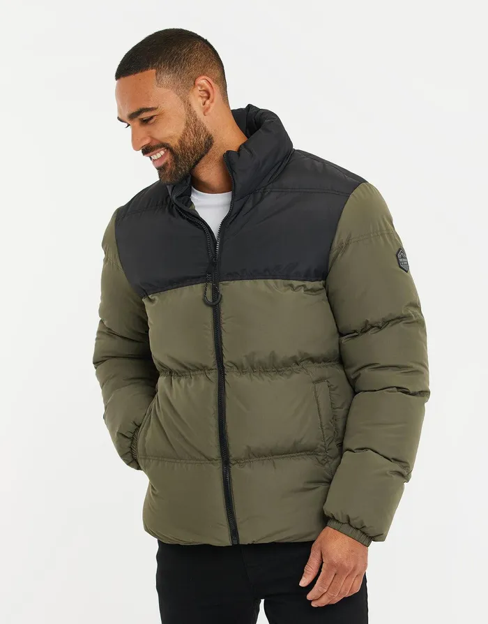 Men Black and Khaki Colourblock Puffer Jacket Black and Khaki Threadbare Jacket and Coats Men Black and Khaki Colourblock Puffer Jacket Black and Khaki Threadbare Jacket and Coats