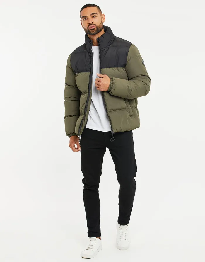 Men Black and Khaki Colourblock Puffer Jacket Black and Khaki Threadbare Jacket and Coats Men Black and Khaki Colourblock Puffer Jacket Black and Khaki Threadbare Jacket and Coats