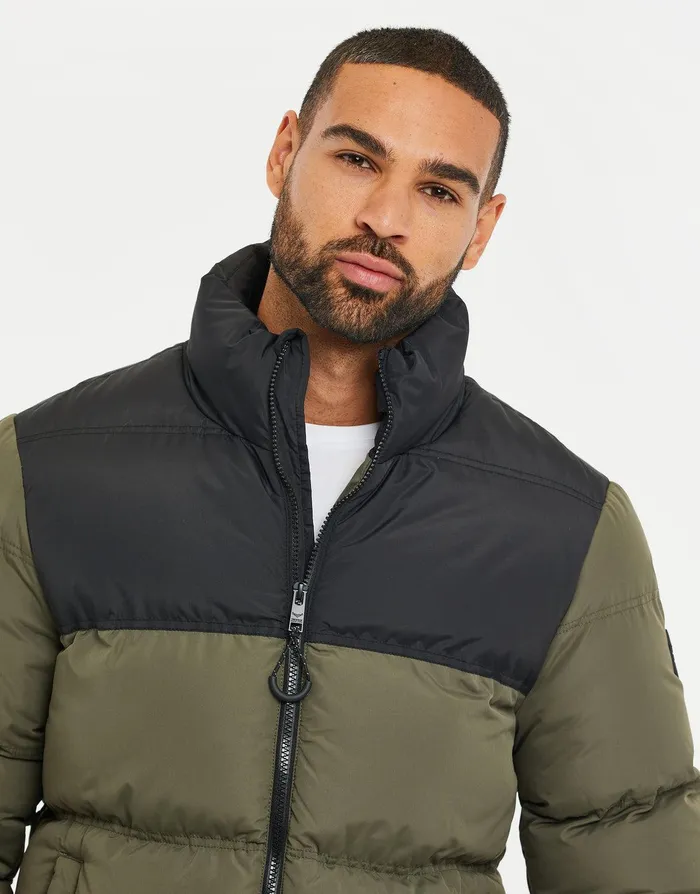 Men Black and Khaki Colourblock Puffer Jacket Black and Khaki Threadbare Jacket and Coats Men Black and Khaki Colourblock Puffer Jacket Black and Khaki Threadbare Jacket and Coats