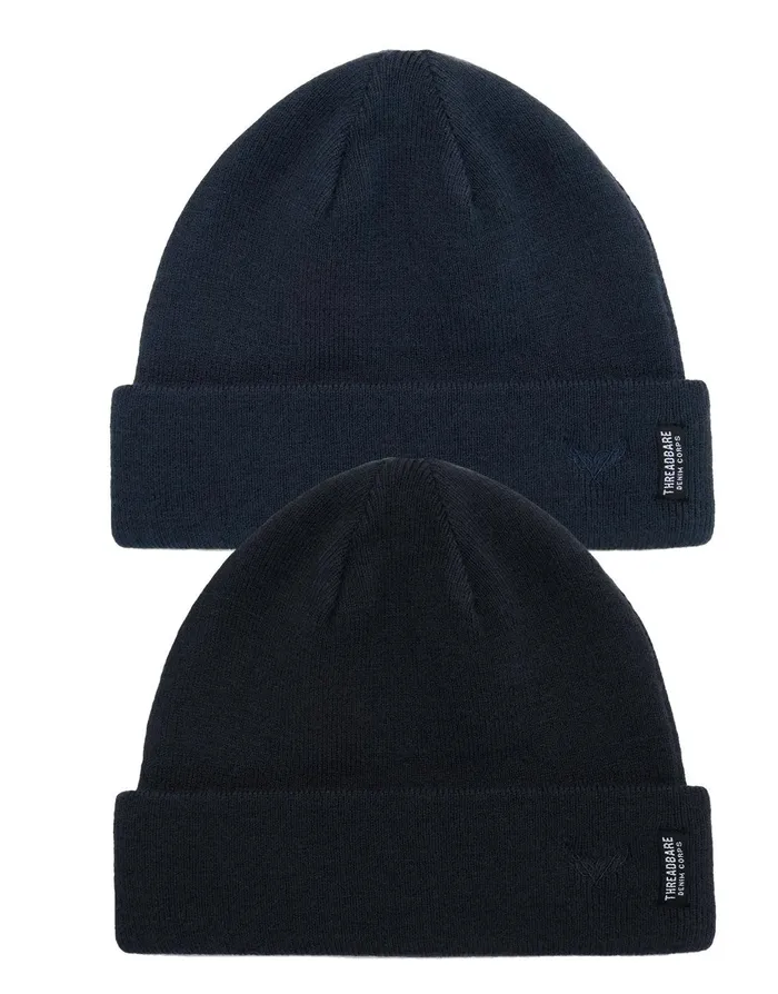 Men Black and Navy Knitted Hats 2 Pack Black Navy Threadbare Accessories