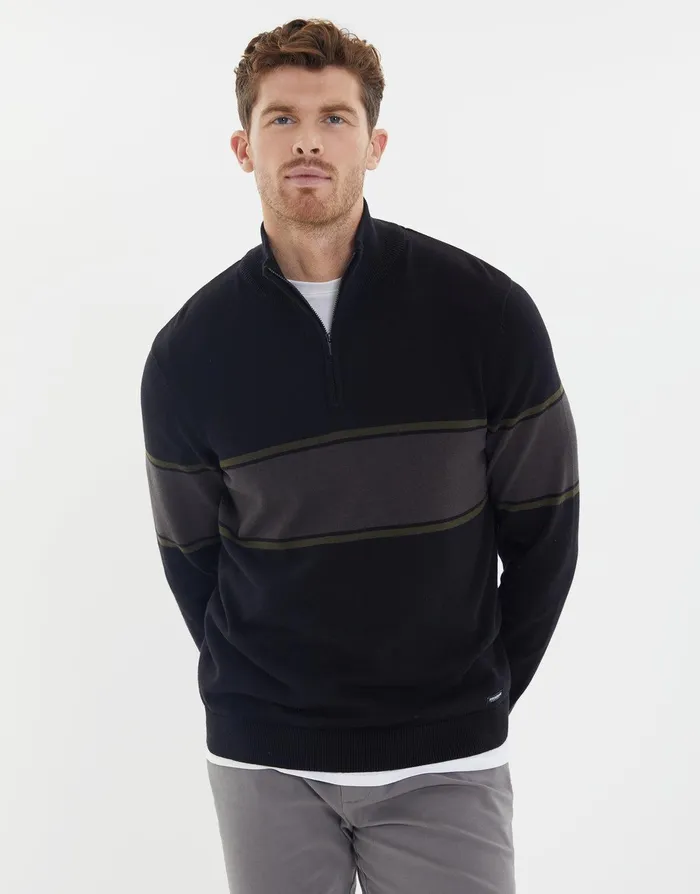 Men Black Colourblock Stripe Quarter Zip Jumper Black Threadbare Knitwear