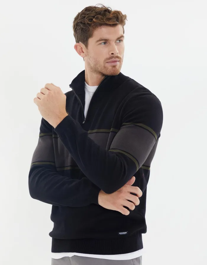 Men Black Colourblock Stripe Quarter Zip Jumper Black Threadbare Knitwear Men Black Colourblock Stripe Quarter Zip Jumper Black Threadbare Knitwear