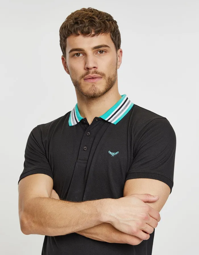 Men Black Contrast Rib Collar Polo Shirt Black Threadbare Polo Shirts Men Black Contrast Rib Collar Polo Shirt Black Threadbare Polo Shirts